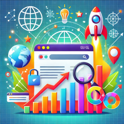 Illustration of a website browser window with upward-trending arrows, bar charts, and line graphs, symbolizing increased search engine rankings and growth, with a rocket launching in the background.